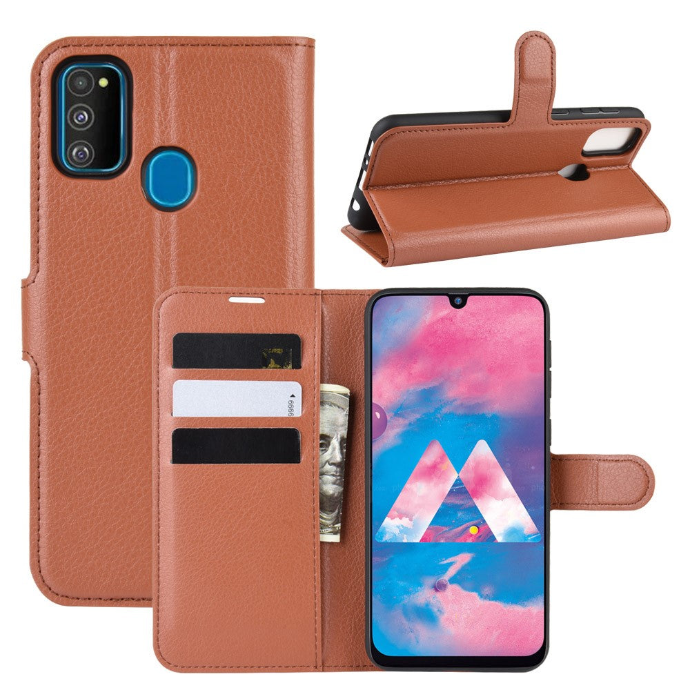 Litchi Skin Leather Stand Phone Shell Wallet Case for Samsung Galaxy M21 / M30s - Brown