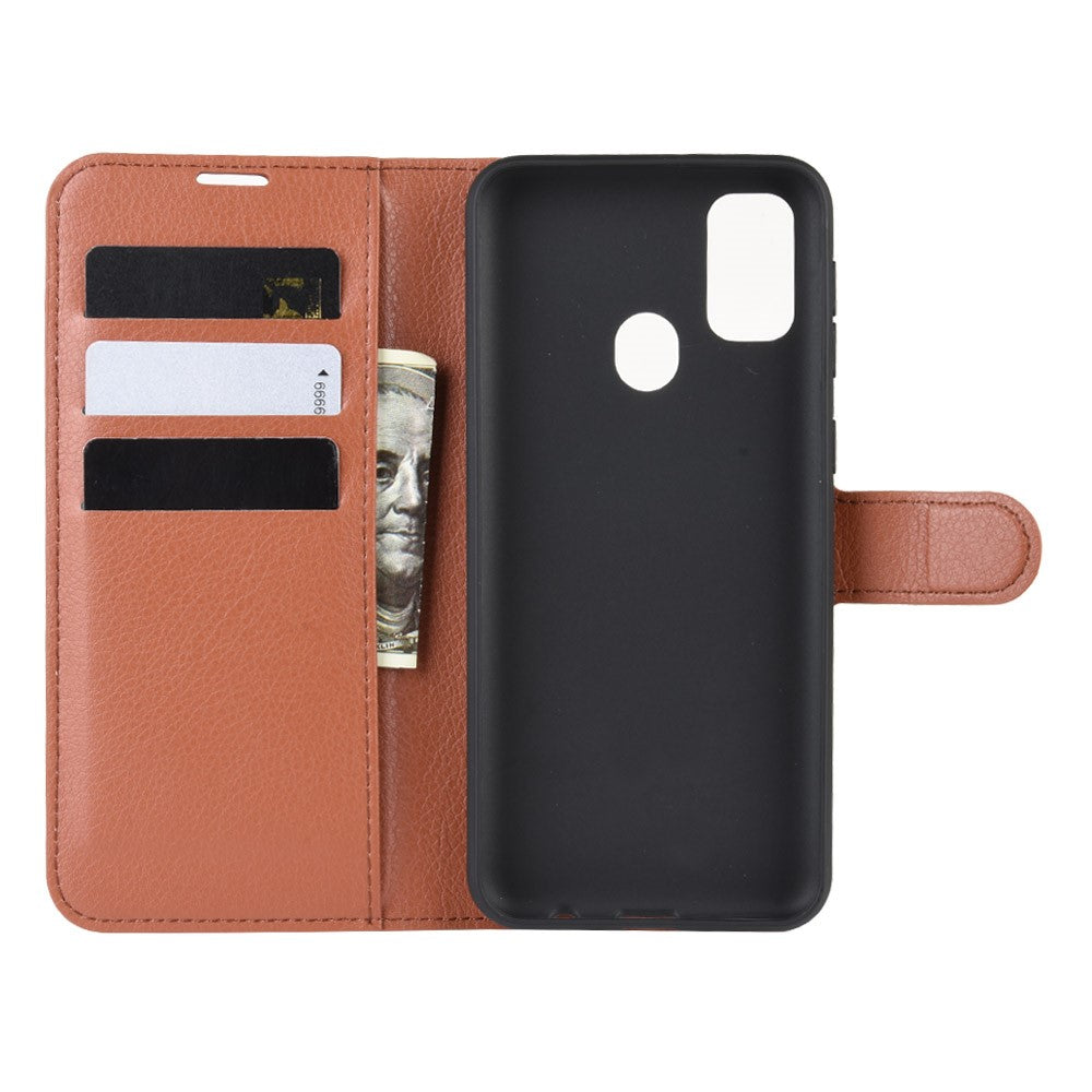 Litchi Skin Leather Stand Phone Shell Wallet Case for Samsung Galaxy M21 / M30s - Brown