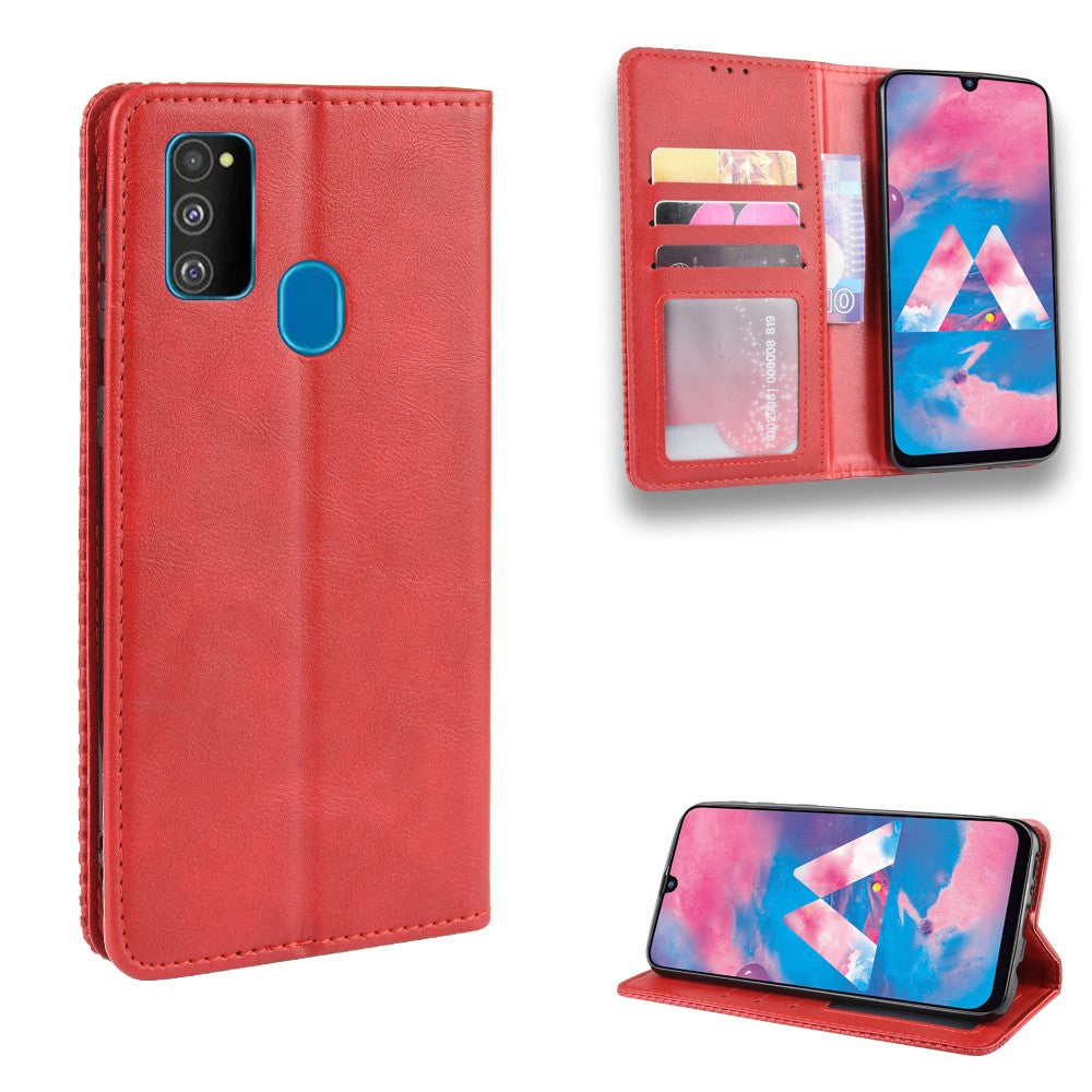 Retro Style Auto-absorbed Leather Casing for Samsung Galaxy M30s / M2 - Red