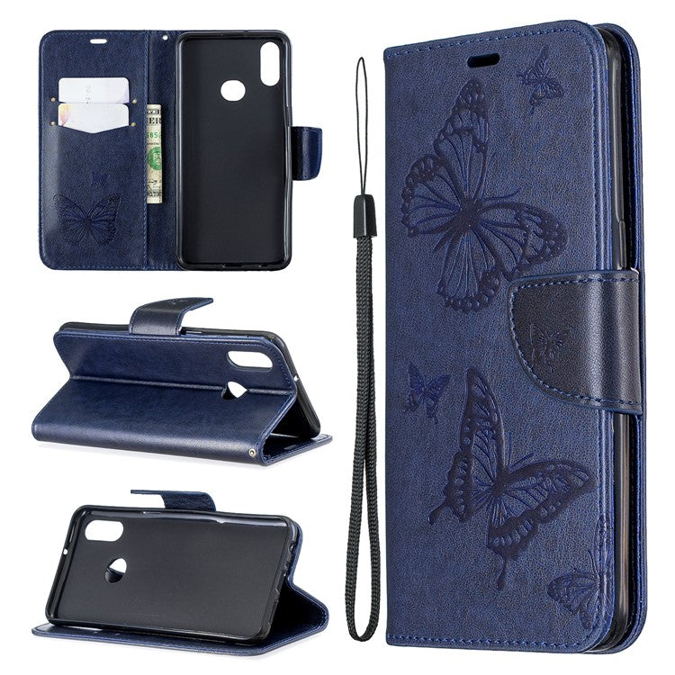 Imprint Butterfly Leather Wallet Case for Samsung Galaxy A10s - Blue