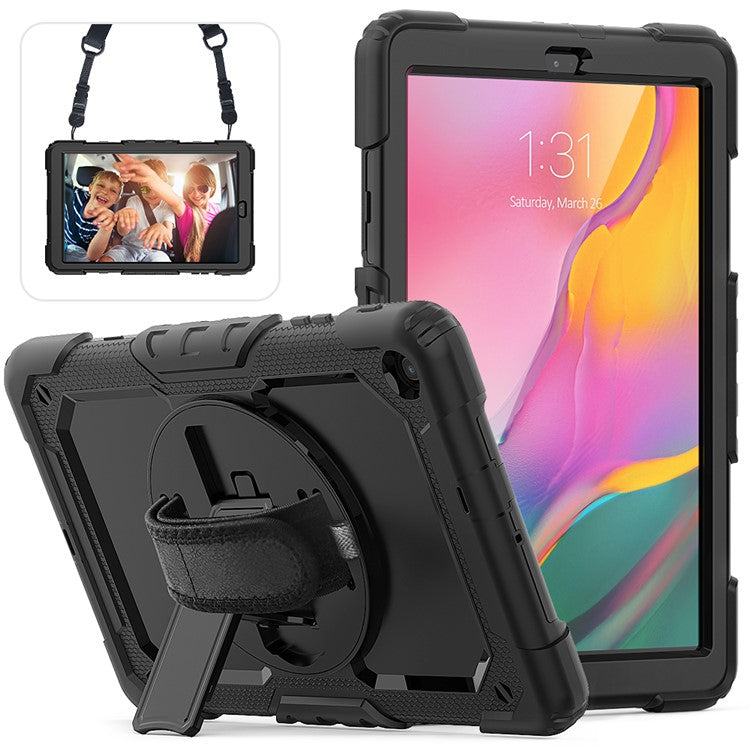 PC Silicone Kickstand Case with Strap Screen Protector for Samsung Galaxy Tab A 10.1 (2019) SM-T510/T515 - Black