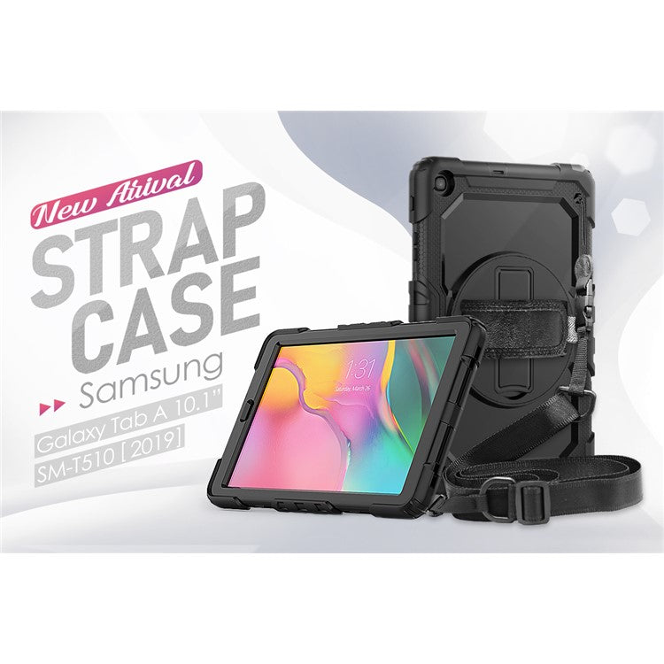 PC Silicone Kickstand Case with Strap Screen Protector for Samsung Galaxy Tab A 10.1 (2019) SM-T510/T515 - Black