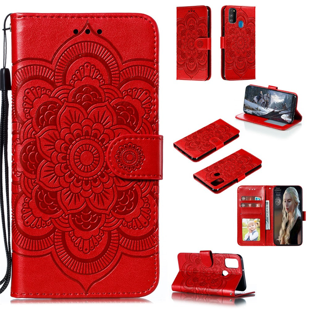 Imprint Mandala Flower Leather Wallet Stand Case for Samsung Galaxy M30s / M21 - Red
