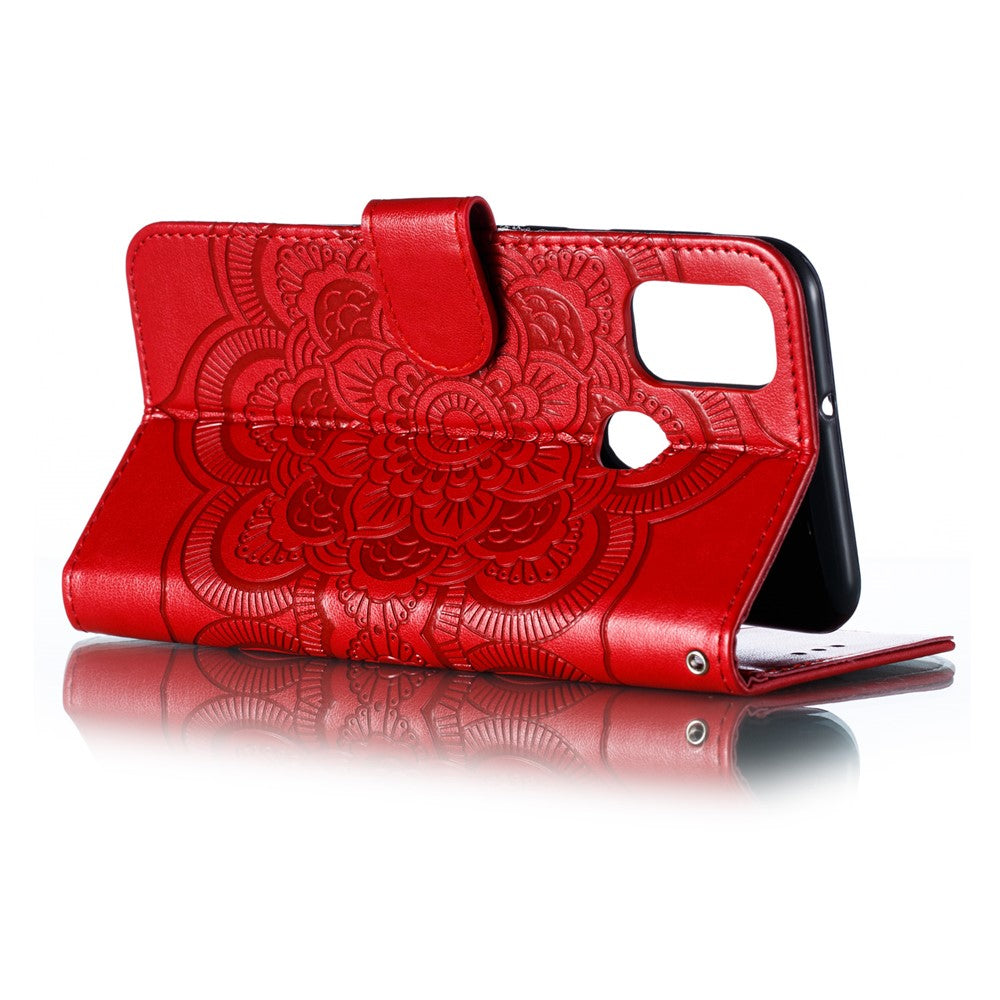 Imprint Mandala Flower Leather Wallet Stand Case for Samsung Galaxy M30s / M21 - Red