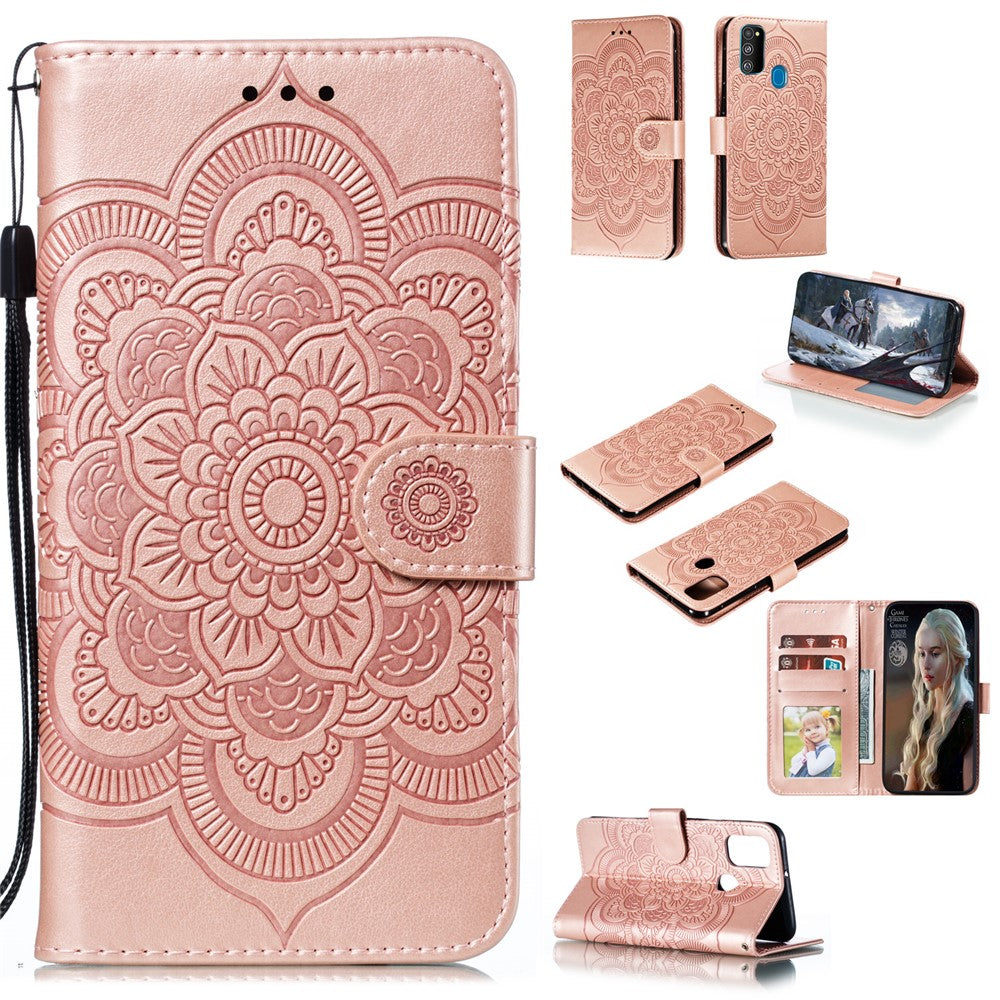 Imprint Mandala Flower Leather Wallet Stand Case for Samsung Galaxy M30s / M21 - Rose Gold