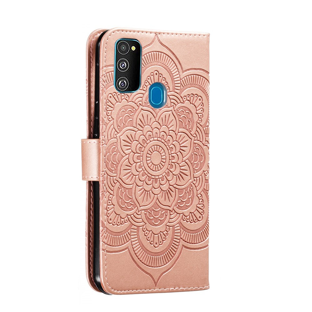 Imprint Mandala Flower Leather Wallet Stand Case for Samsung Galaxy M30s / M21 - Rose Gold