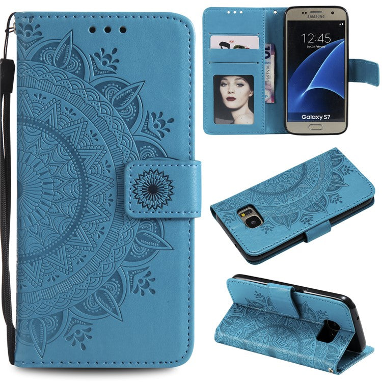 Imprint Flower Magnetic Leather Stand Case for Samsung Galaxy S7 SM-G930 - Blue