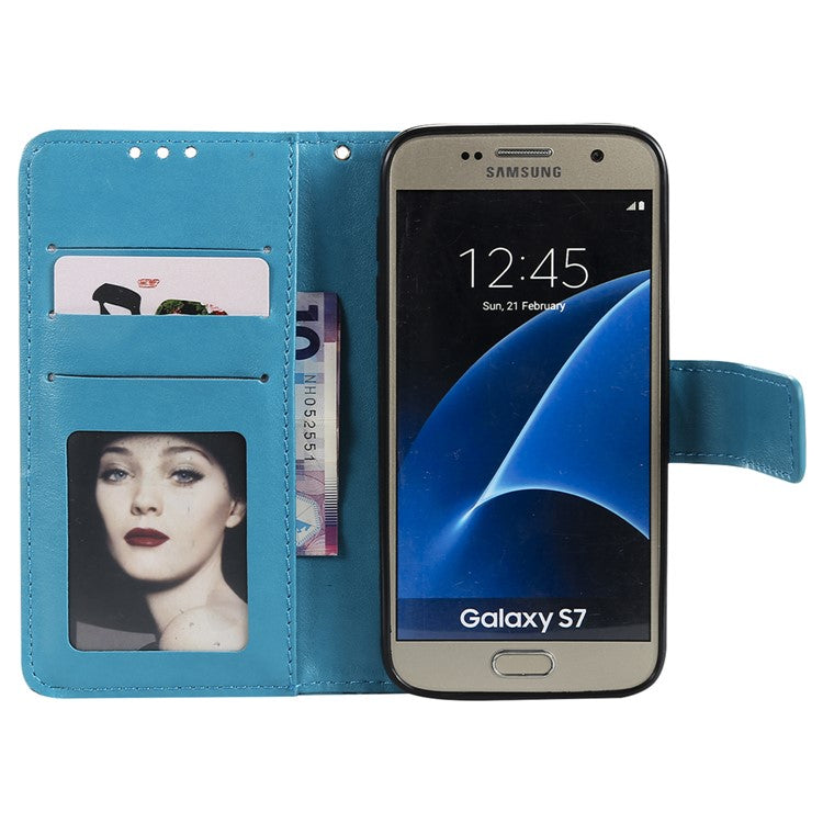 Imprint Flower Magnetic Leather Stand Case for Samsung Galaxy S7 SM-G930 - Blue