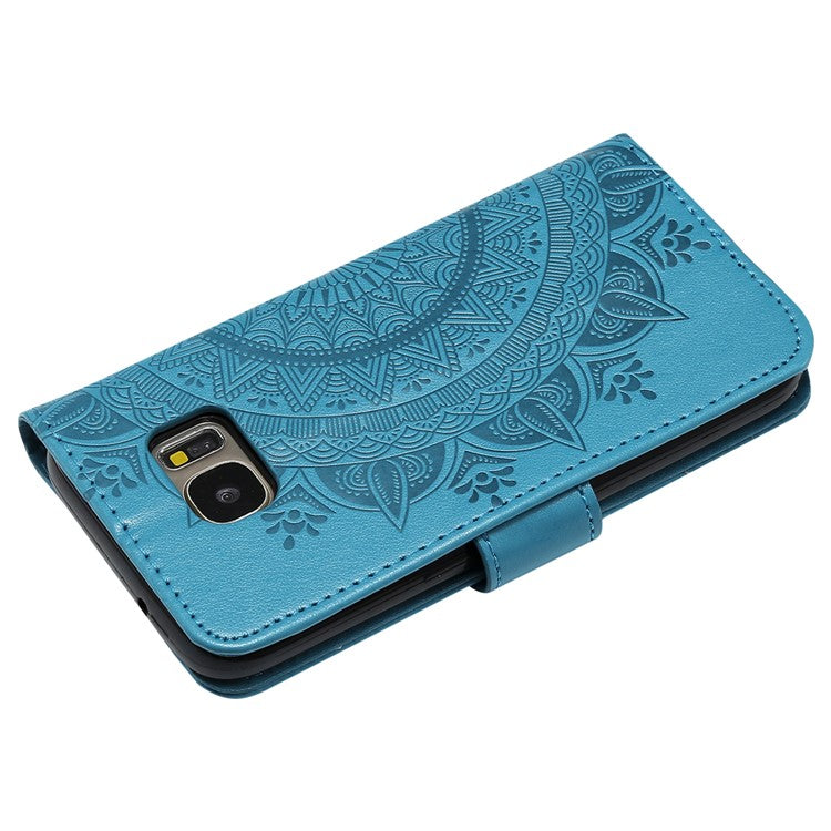 Imprint Flower Magnetic Leather Stand Case for Samsung Galaxy S7 SM-G930 - Blue