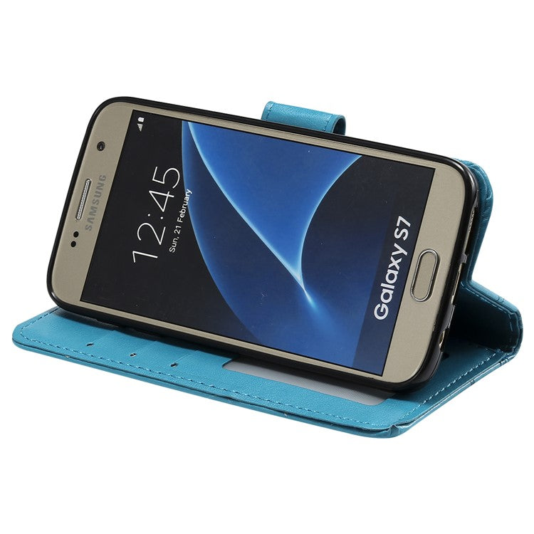 Imprint Flower Magnetic Leather Stand Case for Samsung Galaxy S7 SM-G930 - Blue