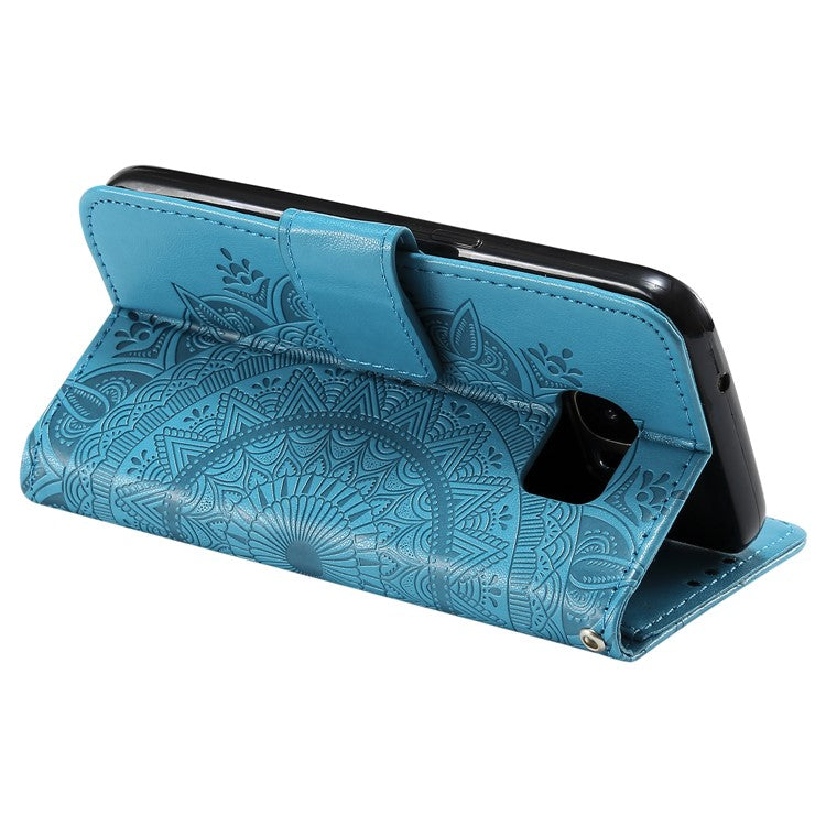 Imprint Flower Magnetic Leather Stand Case for Samsung Galaxy S7 SM-G930 - Blue
