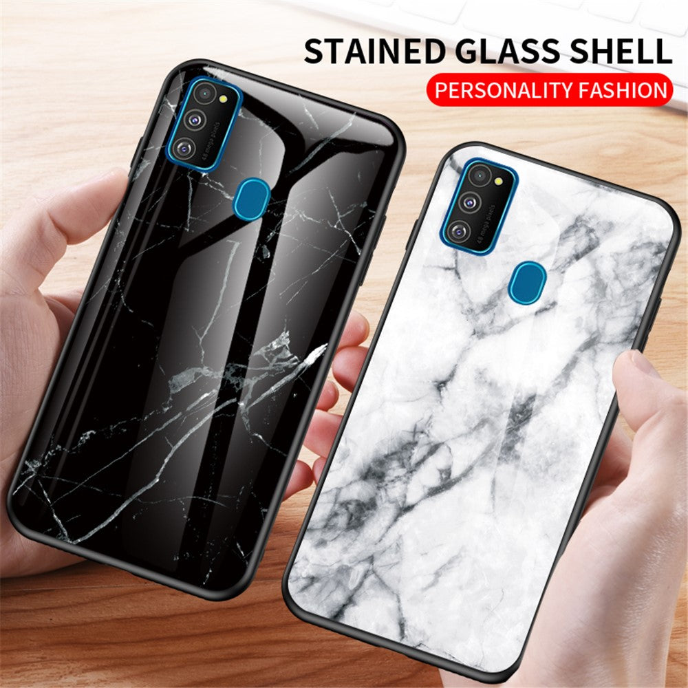 Marble Grain Pattern Tempered Glass PC + TPU Combo Case for Samsung Galaxy M30s/M21 - Black