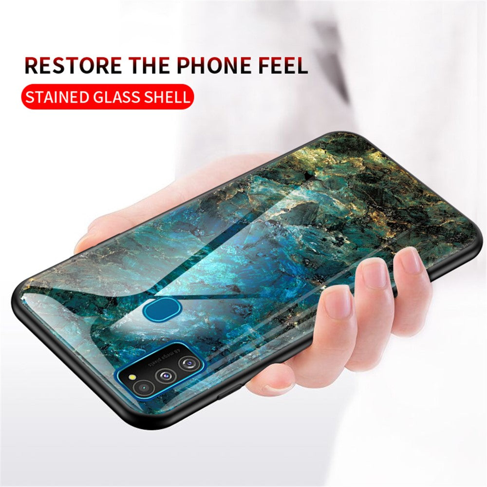Marble Grain Pattern Tempered Glass PC + TPU Combo Case for Samsung Galaxy M30s/M21 - Emerald