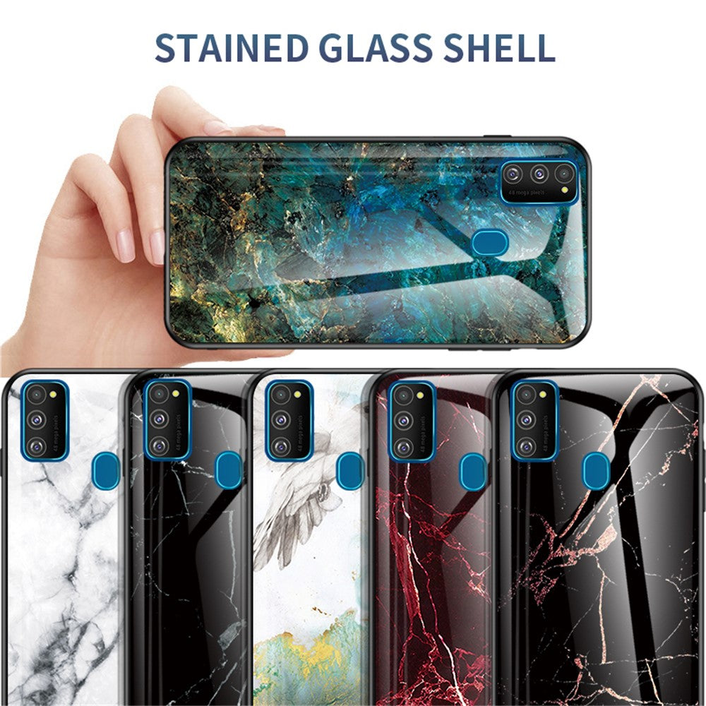 Marble Grain Pattern Tempered Glass PC + TPU Combo Case for Samsung Galaxy M30s/M21 - Emerald