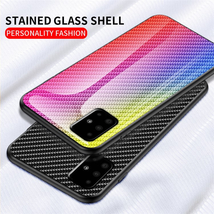 Carbon Fiber Texture Tempered Glass + PC + TPU Combo Casing for Samsung Galaxy A51 - Colorful Fiber