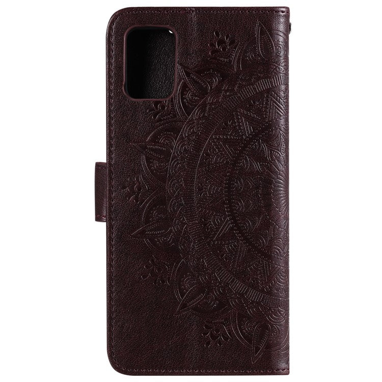 Imprint Flower Leather Wallet Phone Casing for Samsung Galaxy A71 - Coffee