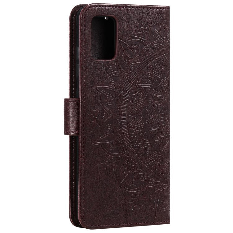 Imprint Flower Leather Wallet Phone Casing for Samsung Galaxy A71 - Coffee