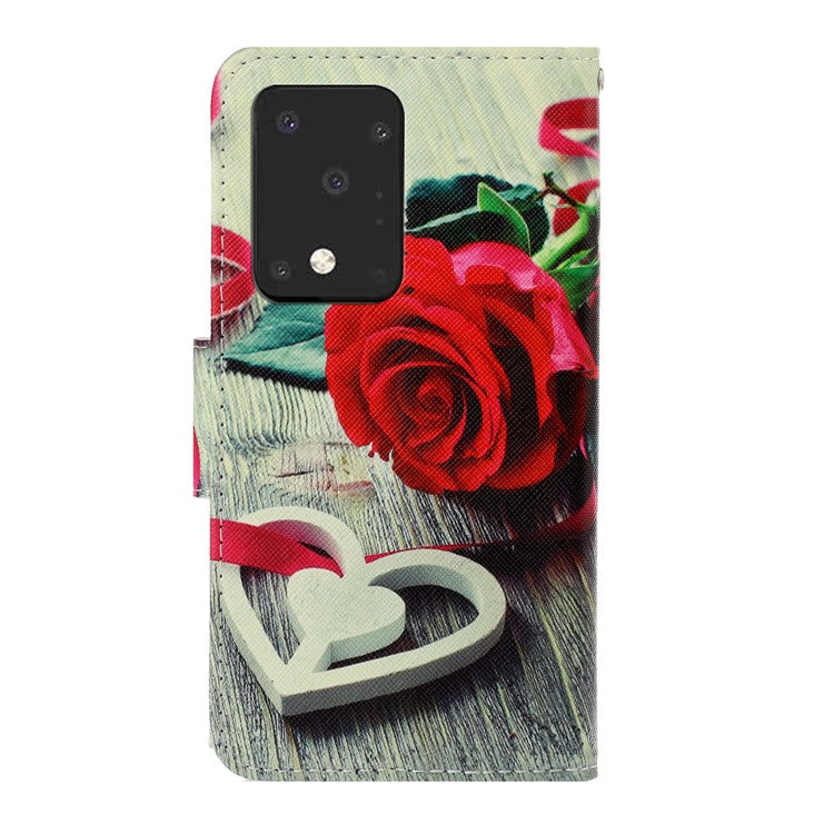 Pattern Printing Wallet Leather Protector Phone Shell Stand Case for Samsung Galaxy S20 Ultra - Rose