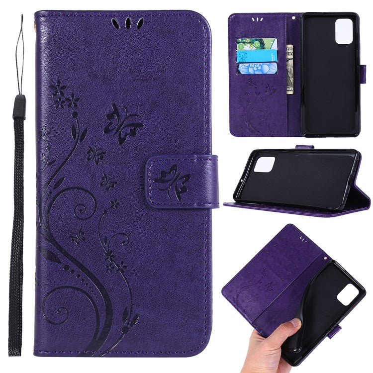 Imprint Butterflies Wallet Stand Flip Leather Phone Case for Samsung Galaxy A71 A715 - Dark Purple