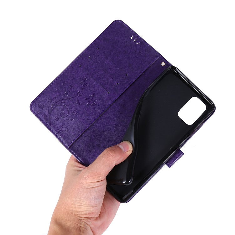 Imprint Butterflies Wallet Stand Flip Leather Phone Case for Samsung Galaxy A71 A715 - Dark Purple