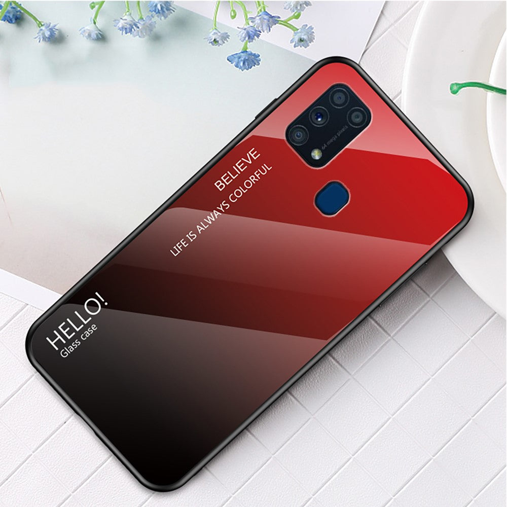 Gradient Color Tempered Glass + PC + TPU Hybrid Case for Samsung Galaxy M31 - Red/Black