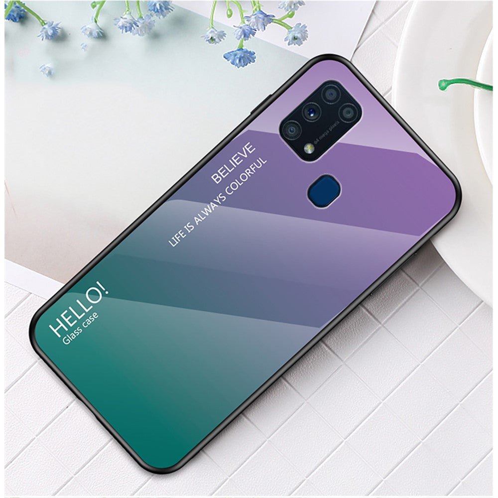 Gradient Color Tempered Glass + PC + TPU Hybrid Case for Samsung Galaxy M31 - Purple/Green