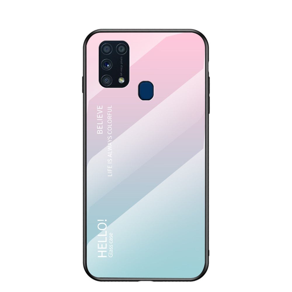 Gradient Color Tempered Glass + PC + TPU Hybrid Case for Samsung Galaxy M31 - Pink/Cyan