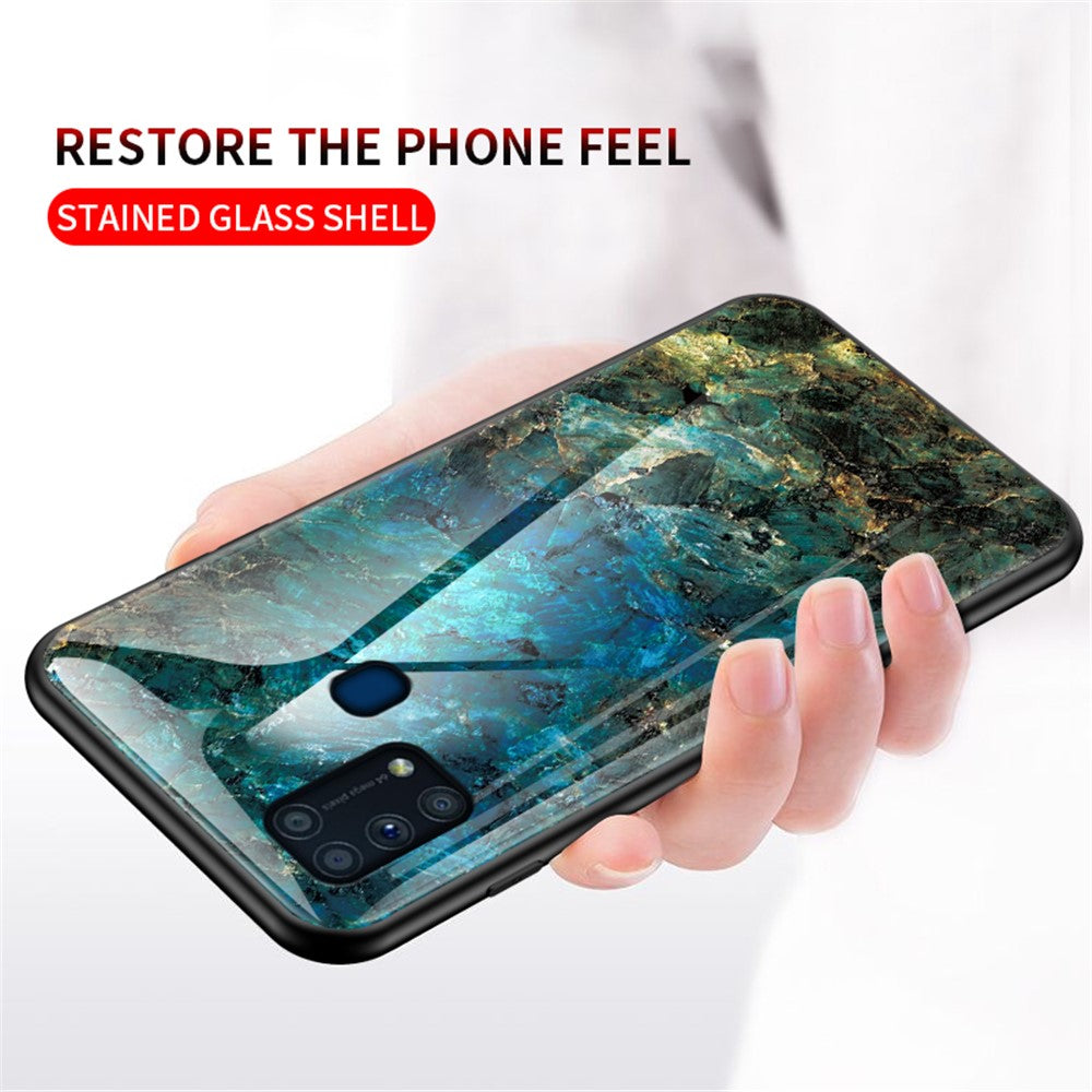 Marble Texture Tempered Glass + PC + TPU Hybrid Case for Samsung Galaxy M31 - Emerald