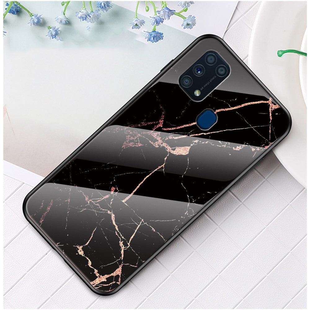 Marble Texture Tempered Glass + PC + TPU Hybrid Case for Samsung Galaxy M31 - Black / Gold