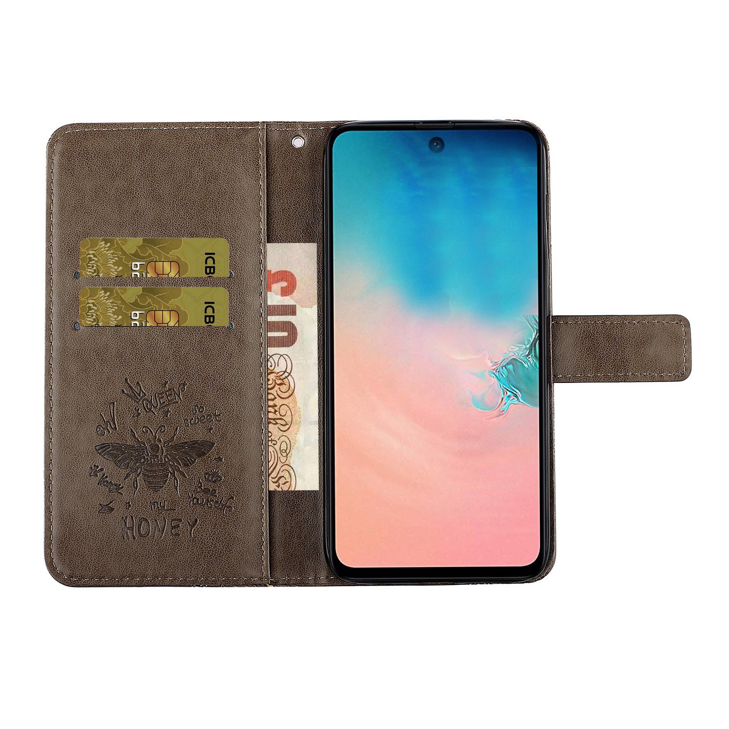 Imprint Bee TPU+PU Leather Wallet Case for Samsung Galaxy S20 Plus - Brown