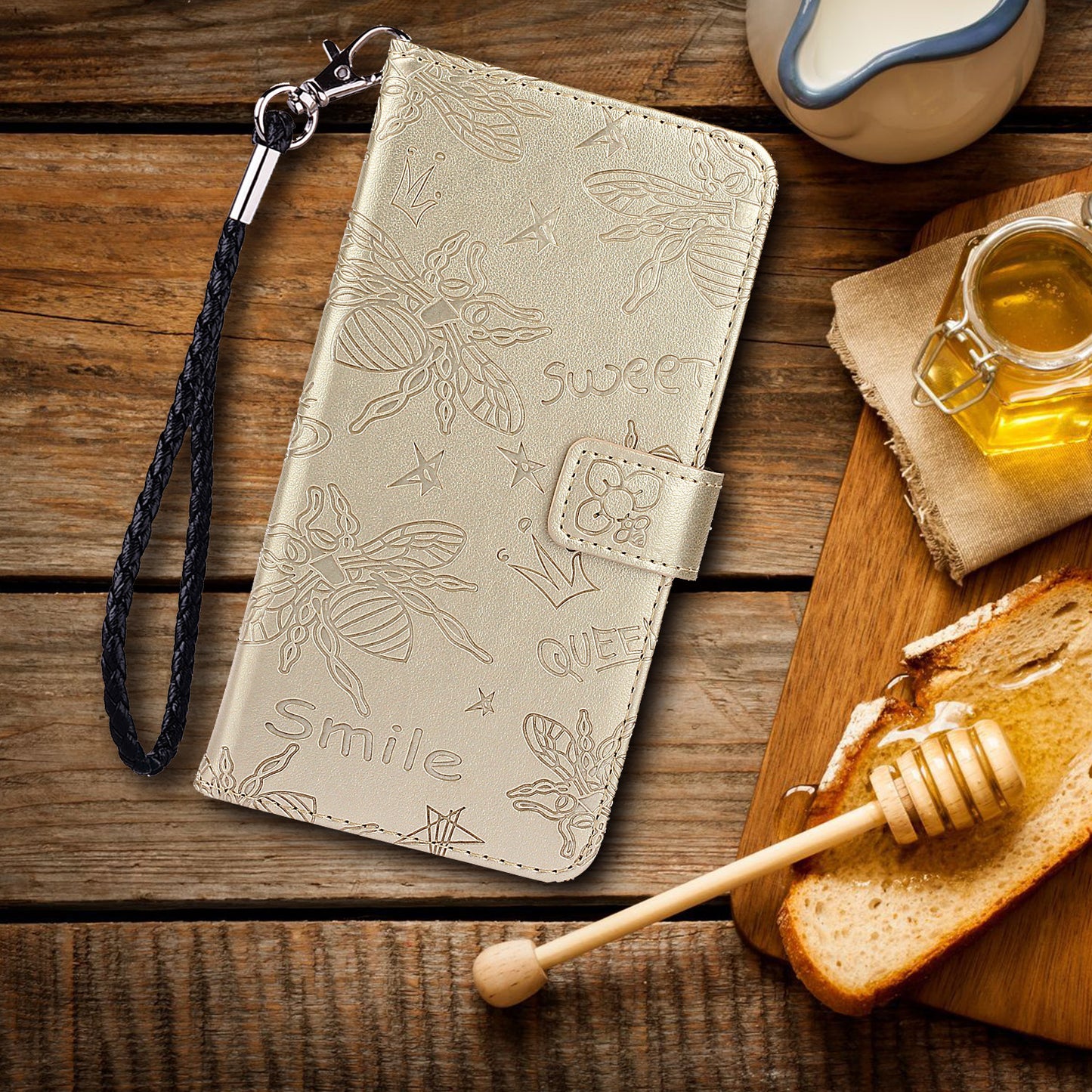 Imprint Bee TPU+PU Leather Wallet Case for Samsung Galaxy S20 Plus - Gold