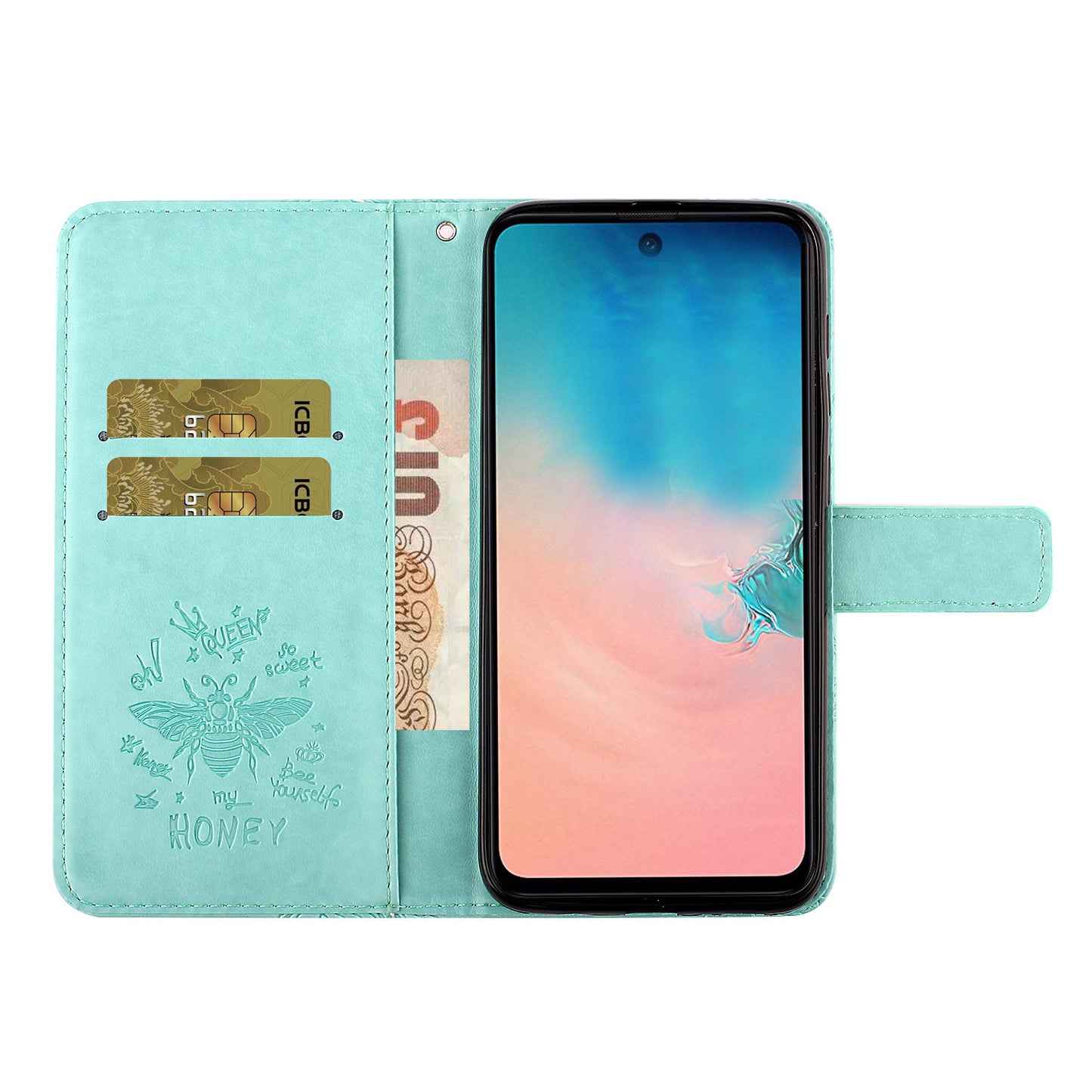 Imprint Bee TPU+PU Leather Wallet Phone Case for Samsung Galaxy S20 4G/S20 5G - Cyan