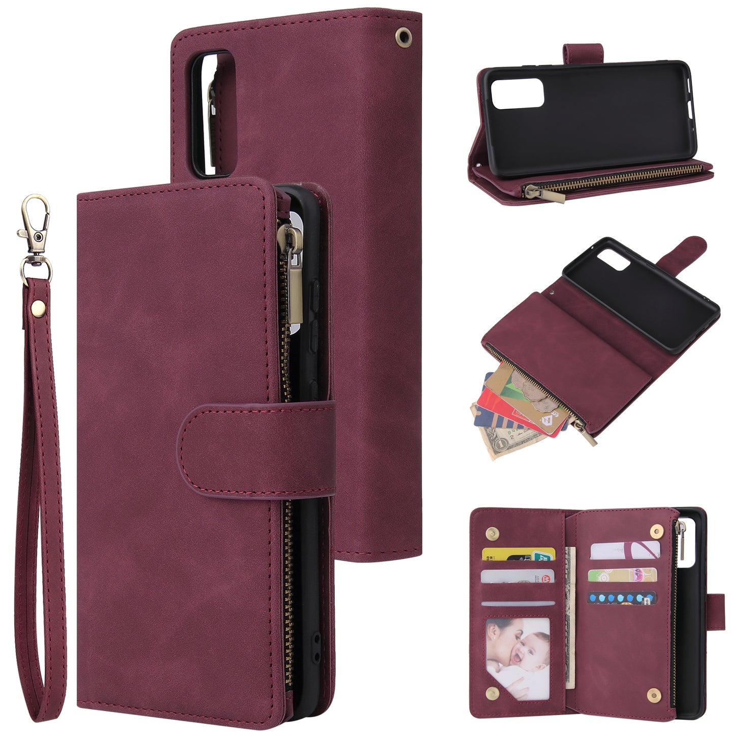 Zipper Pocket Multiple Card Slots Leather Stand Case for Samsung Galaxy S20 4G/S20 5G - Red