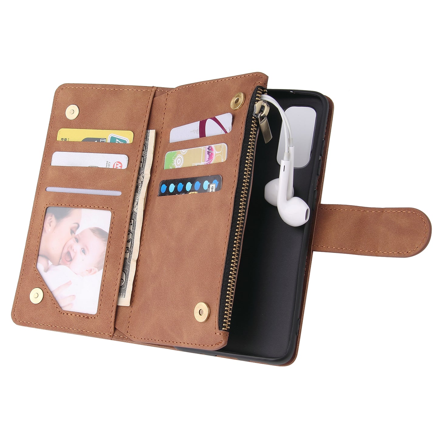 Zipper Pocket Multiple Card Slots Leather Stand Case for Samsung Galaxy S20 4G/S20 5G - Brown