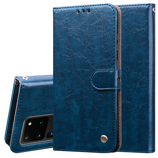 Business Style Oil Wax PU Leather Wallet Cover for Samsung Galaxy S20 Ultra - Blue
