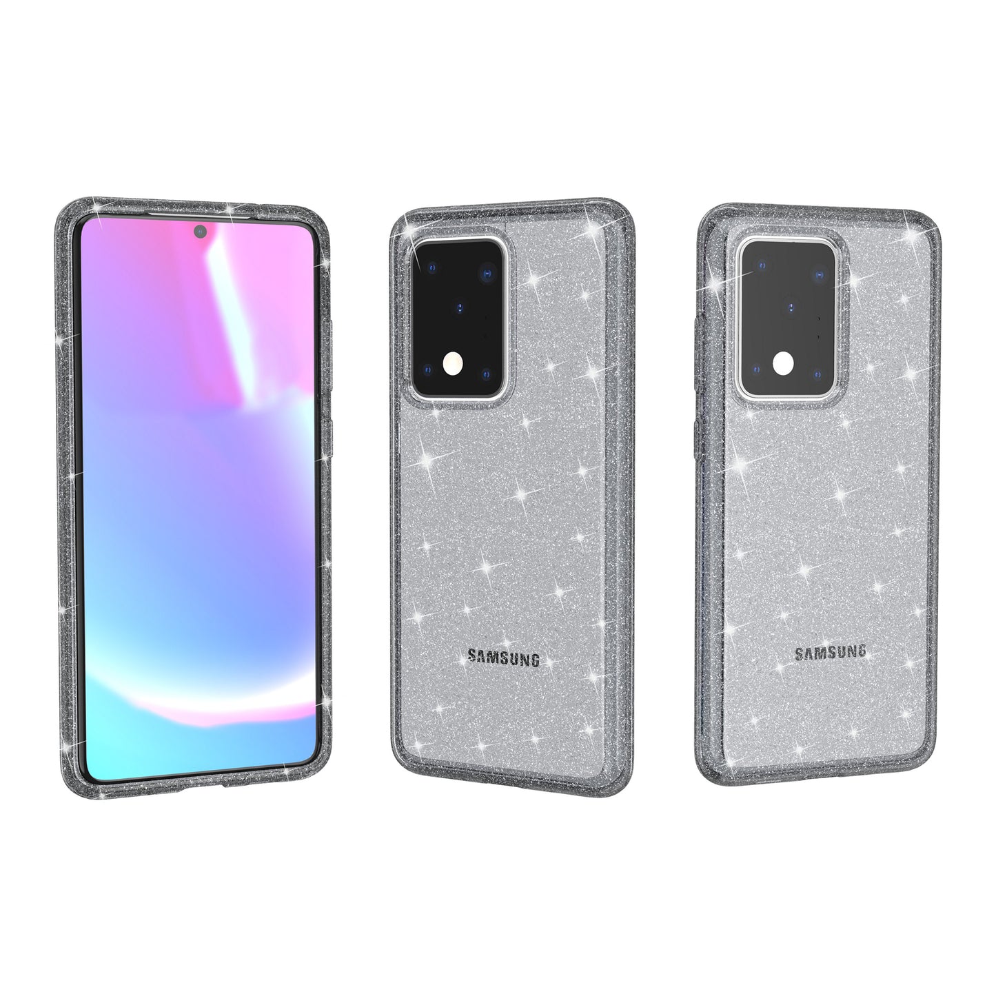 Glittery Powder PC TPU Hybrid Phone Case Covering for Samsung Galaxy S20 Ultra - Black
