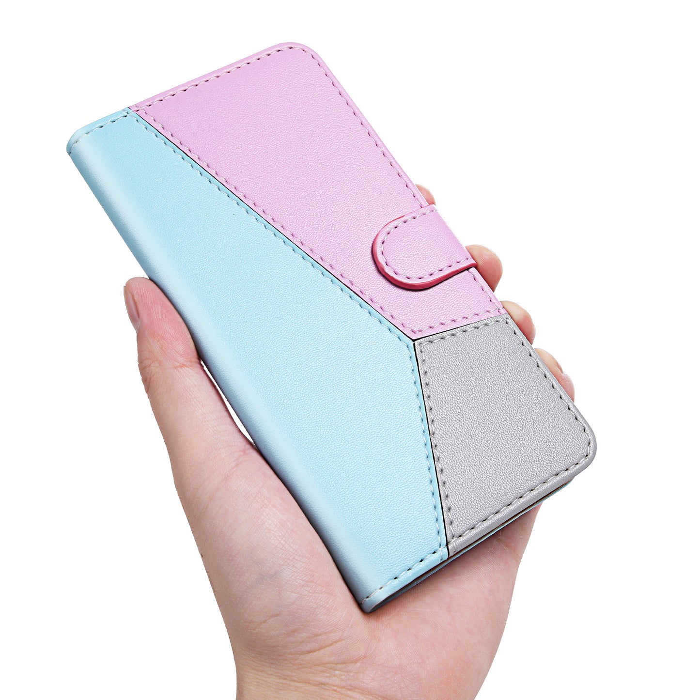 Tricolor PU Leather Unique Wallet Stand Case for Samsung Galaxy S20 4G/S20 5G - Blue/Purple/Grey