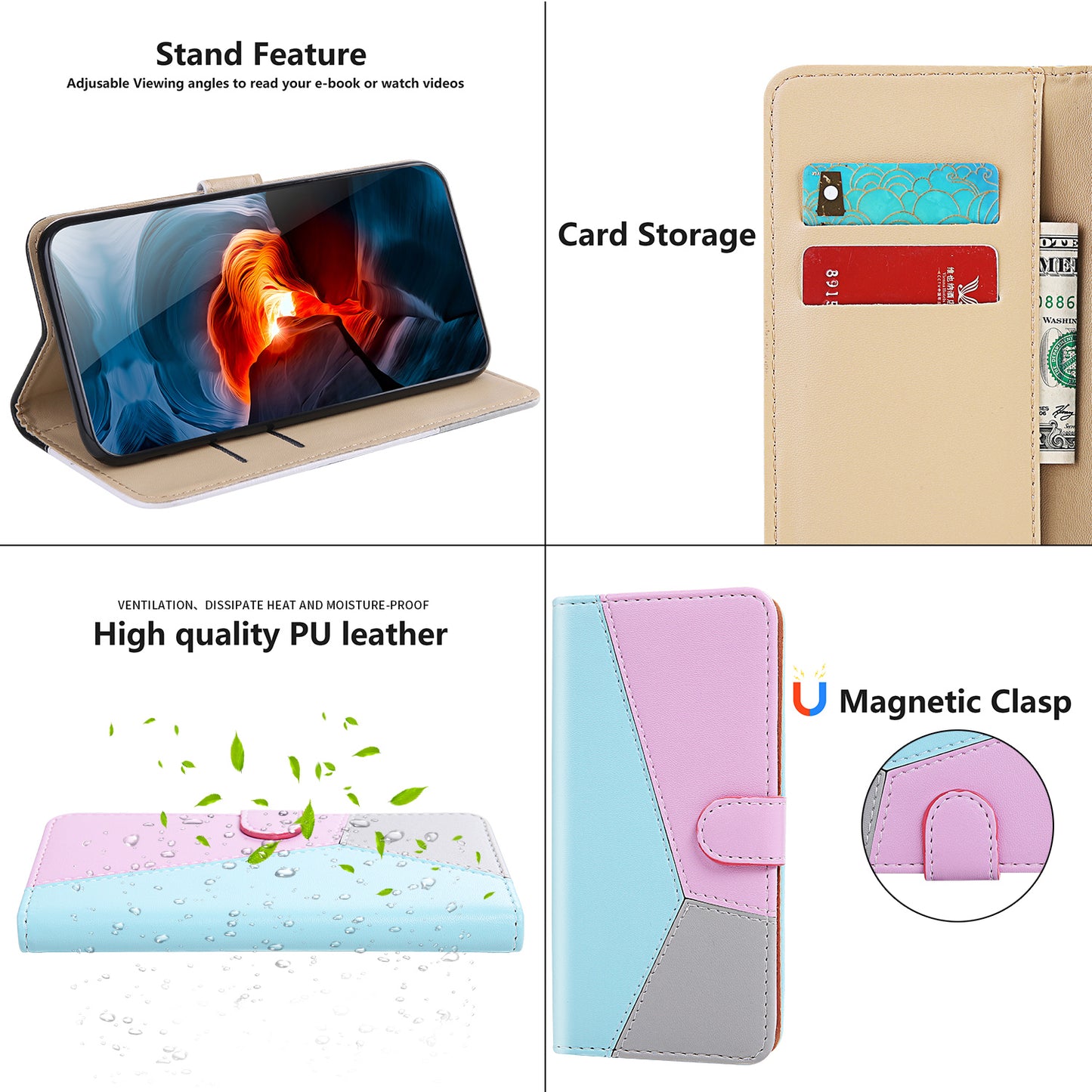 Tricolor PU Leather Unique Wallet Stand Case for Samsung Galaxy S20 4G/S20 5G - Blue/Purple/Grey