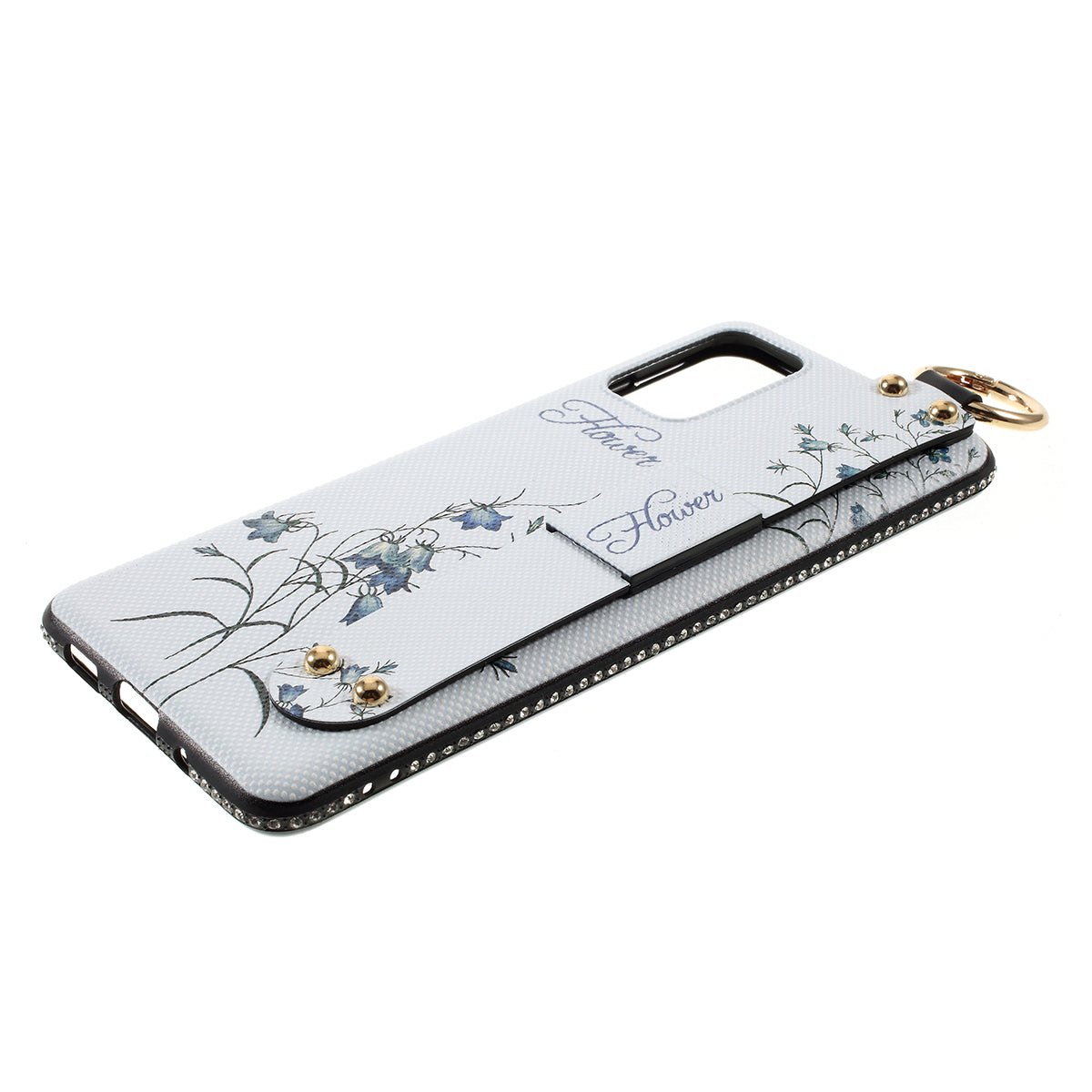 For Samsung Galaxy S20 Plus Flower Pattern Rhinestone Decor TPU Shell with Hand Strap - White