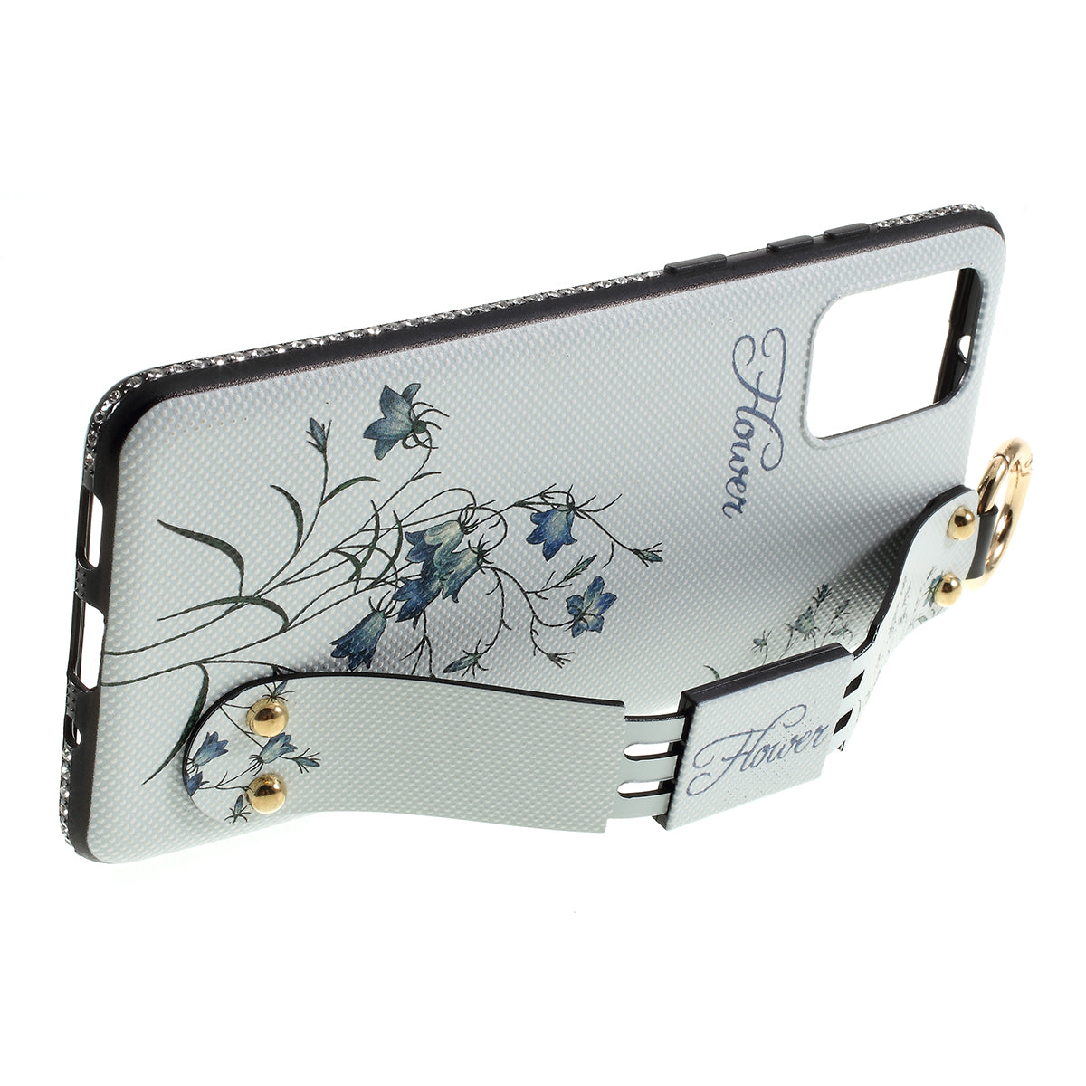 For Samsung Galaxy S20 Plus Flower Pattern Rhinestone Decor TPU Shell with Hand Strap - White
