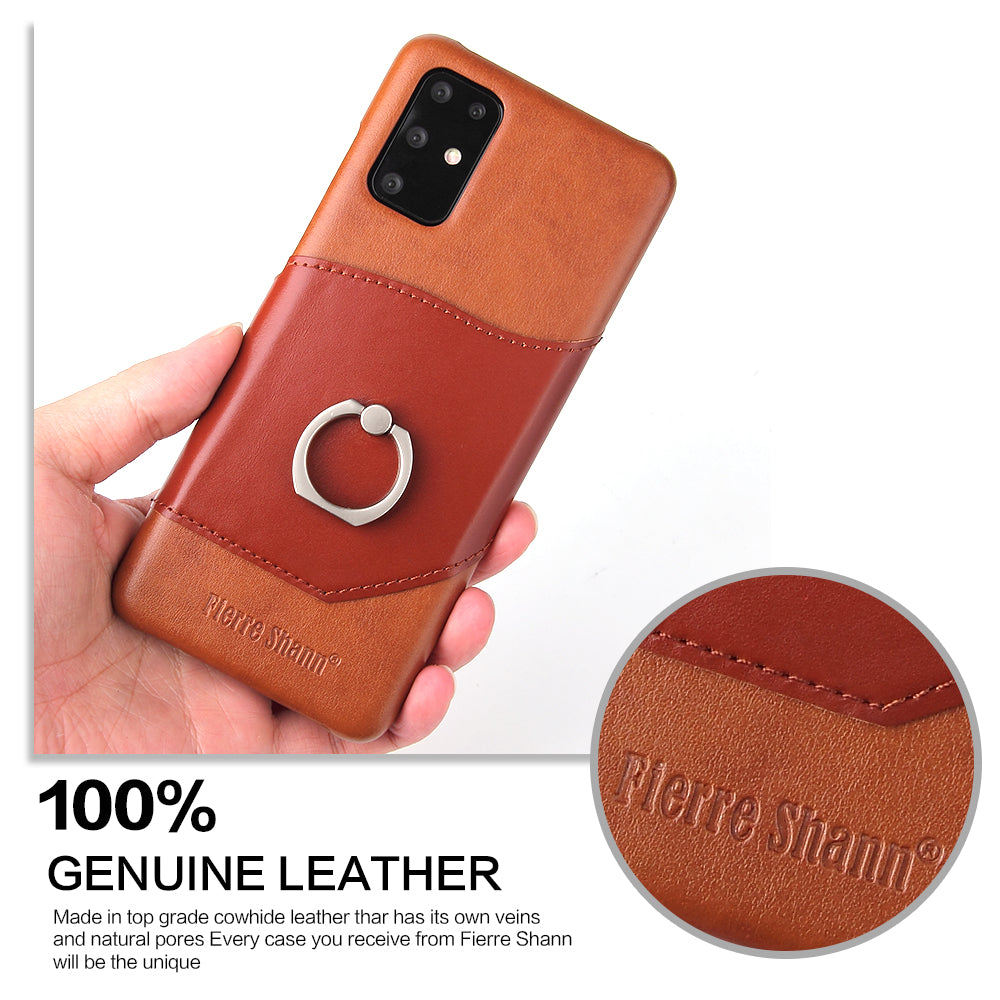 FIERRE SHANN Knight Oil Wax Genuine Leather Coated Card Holder PC Case for Samsung Galaxy S20 Plus - Brown
