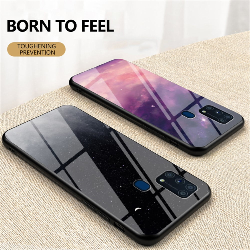 Starry Sky Tempered Glass + PC + TPU Combo Case for Samsung Galaxy M31 - Starry Crescent Moon