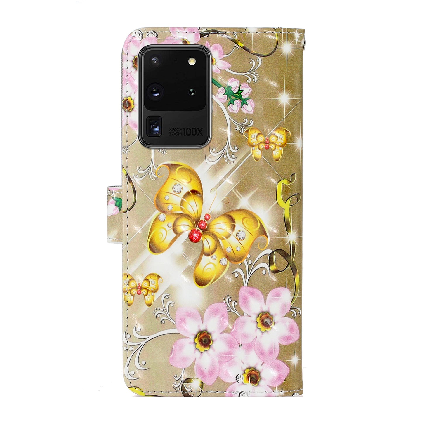 Light Spot Decor Patterned PU Leather Wallet Case Phone Covering for Samsung Galaxy S20 Ultra - Golden Butterfly