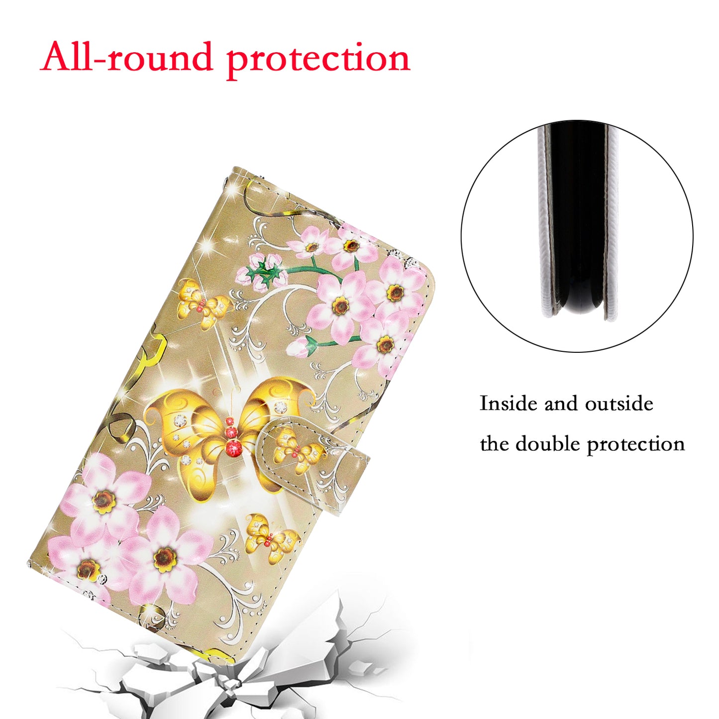 Light Spot Decor Patterned PU Leather Wallet Case Phone Shell for Samsung Galaxy S20 Plus/S20 Plus 5G - Golden Butterfly
