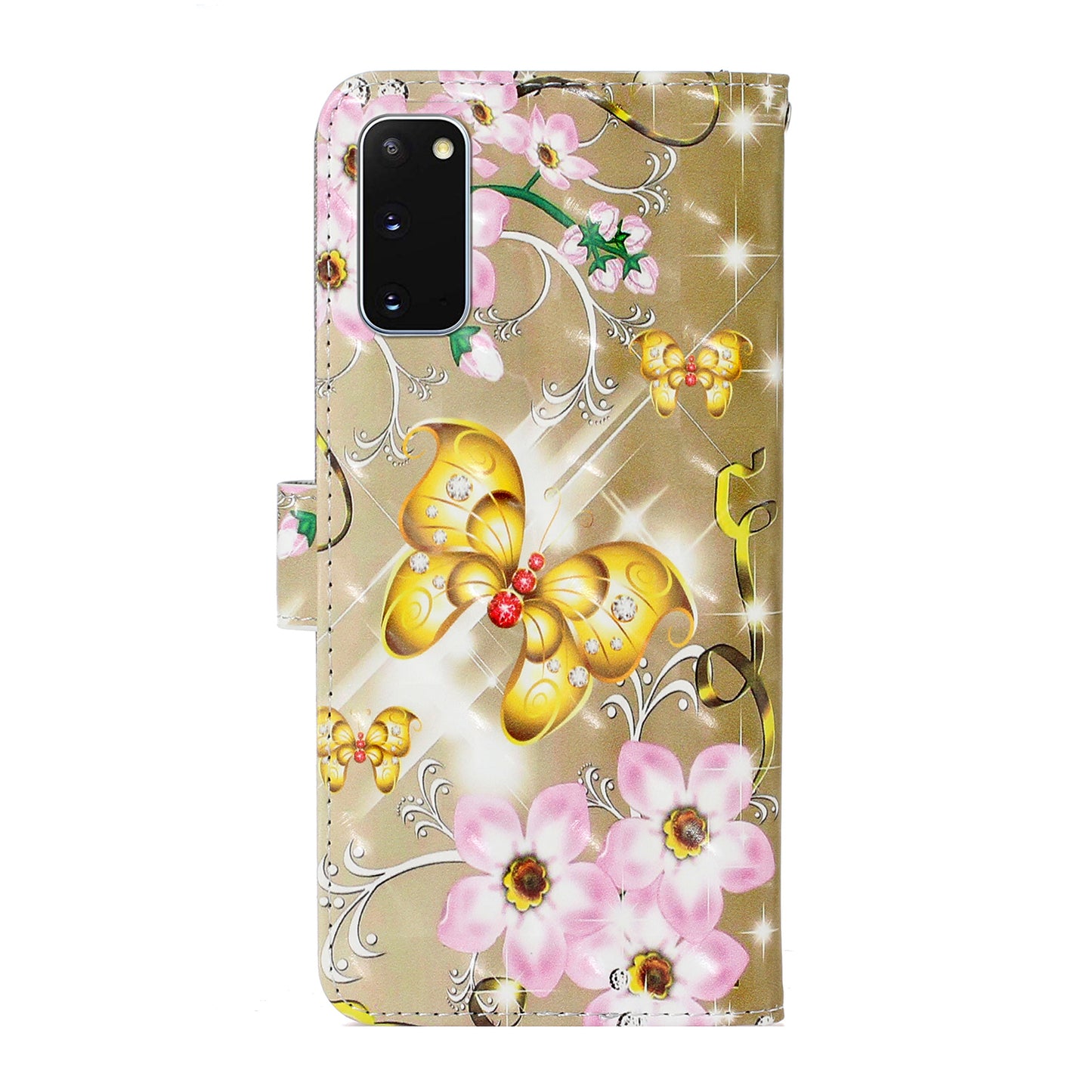 Light Spot Decor Patterned Leather Wallet Cover for Samsung Galaxy S20 4G/S20 5G - Flowers and Gold Butterfly