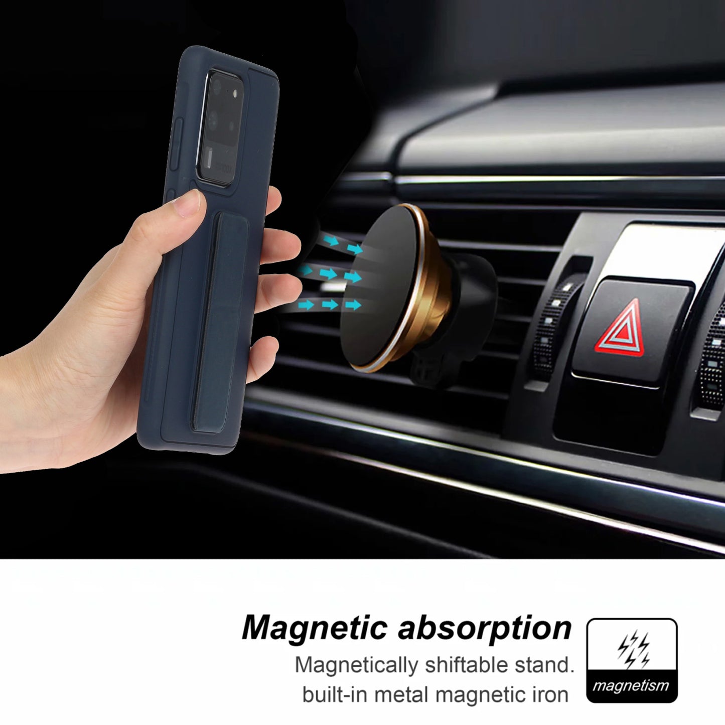 For Samsung Galaxy S20 Ultra Magnetic Hand Strap Kickstand TPU + PC Phone Cover - Dark Blue