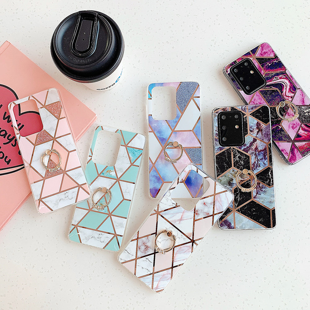 Marble Pattern Electroplating IMD TPU Shell with Ring Kickstand for Samsung Galaxy S20 Plus - Style E