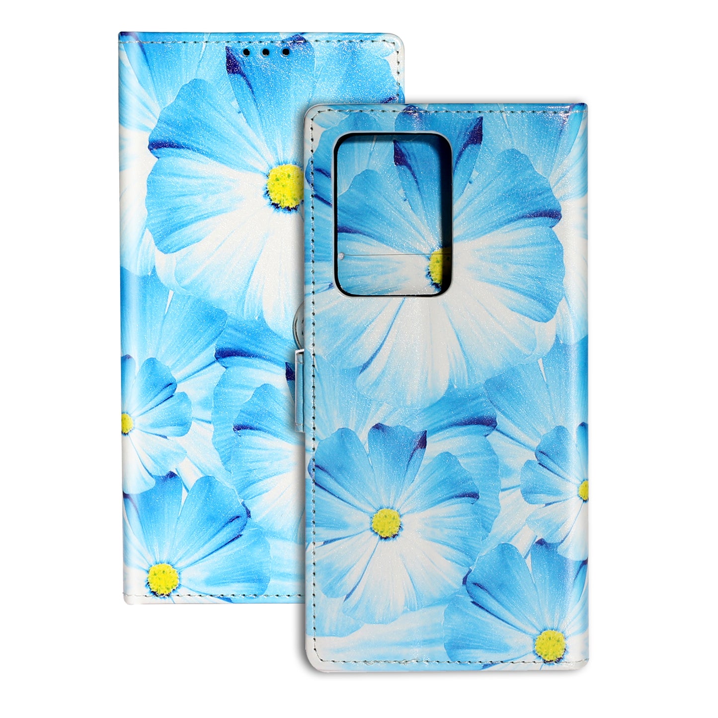 Pattern Printing Magnetic Leather Phone Case Wallet for Samsung Galaxy S20 Ultra - Blue Flower