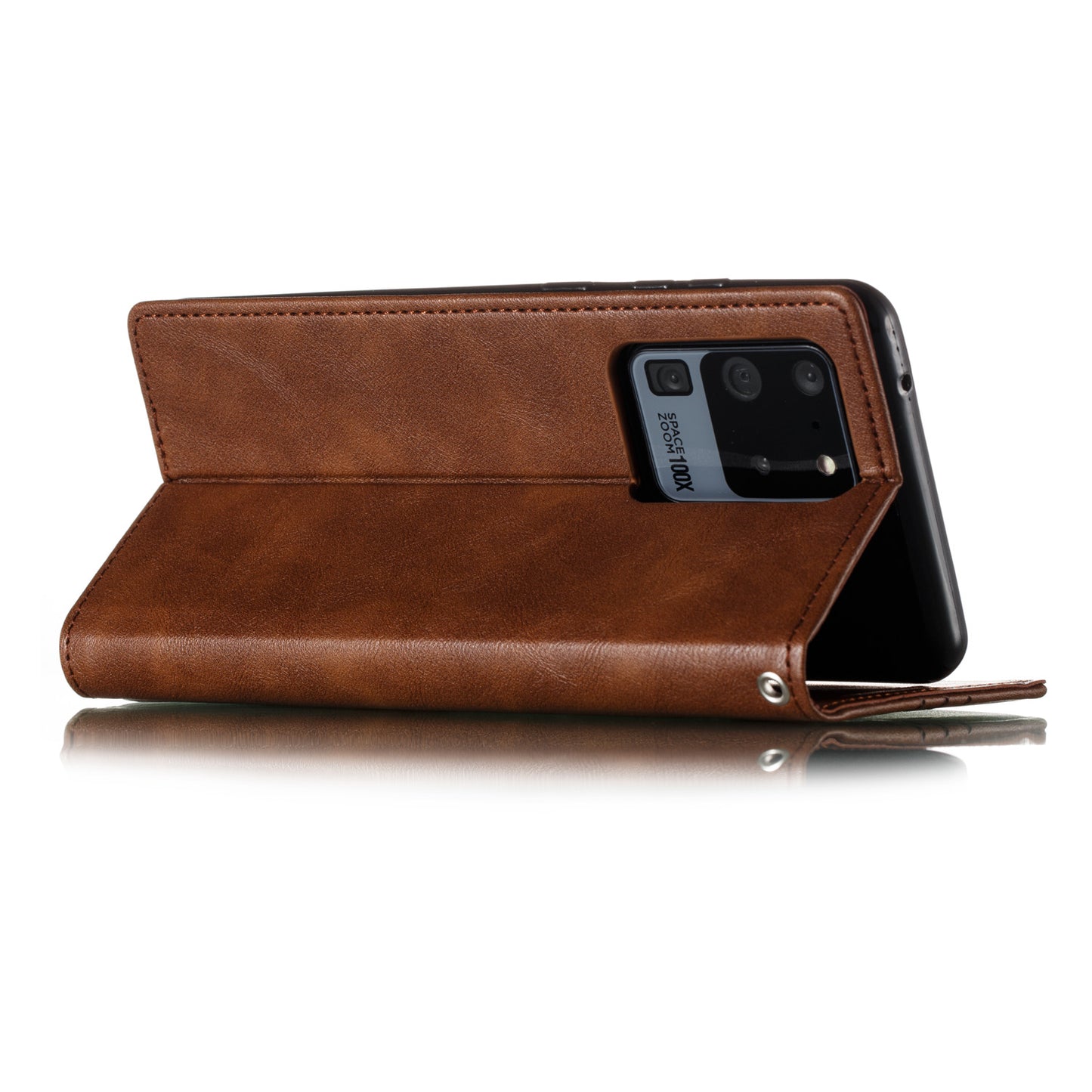 Auto-absorbed Splicing Leather Stand Case with Card Slots for Samsung Galaxy S20 Ultra - Brown