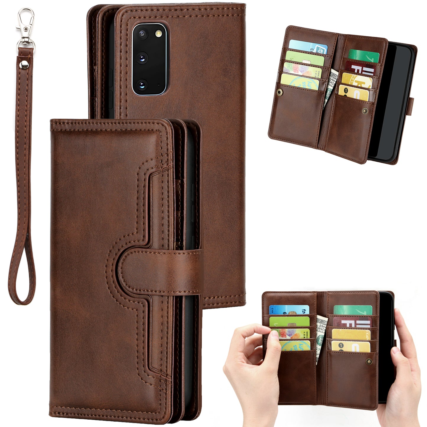 Multiple Card Slots Leather Phone Case for Samsung Galaxy S20 4G/S20 5G - Coffee